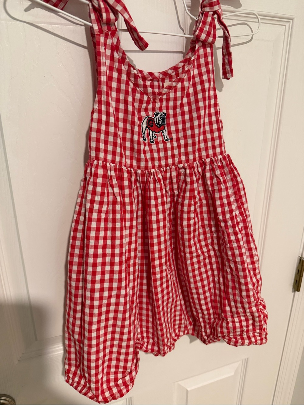 Girls Red Gingham Tie-Shoulder Dress with Embroidered Dog
